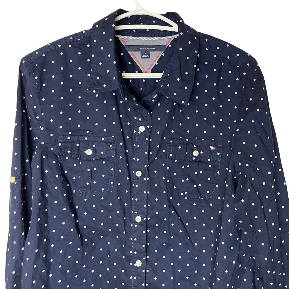 Tommy Hilfiger Navy Polka Dot Button Up Shirt L Preppy Classic Casual Blouse